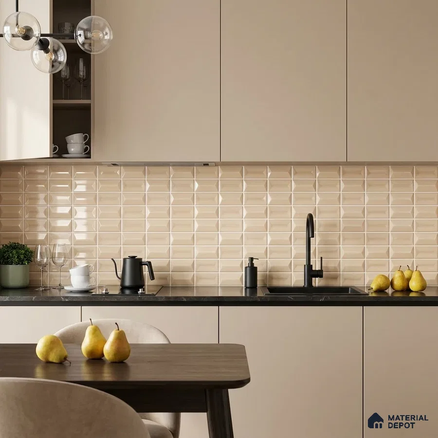 Modern Kitchen with Glossy Cream Beveled Brick Backsplash Tile