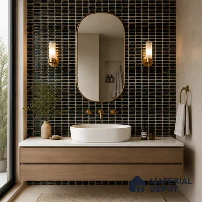 Art Deco Bathroom with Black and Gold Mosaic Tile and Floating Wood Vanity