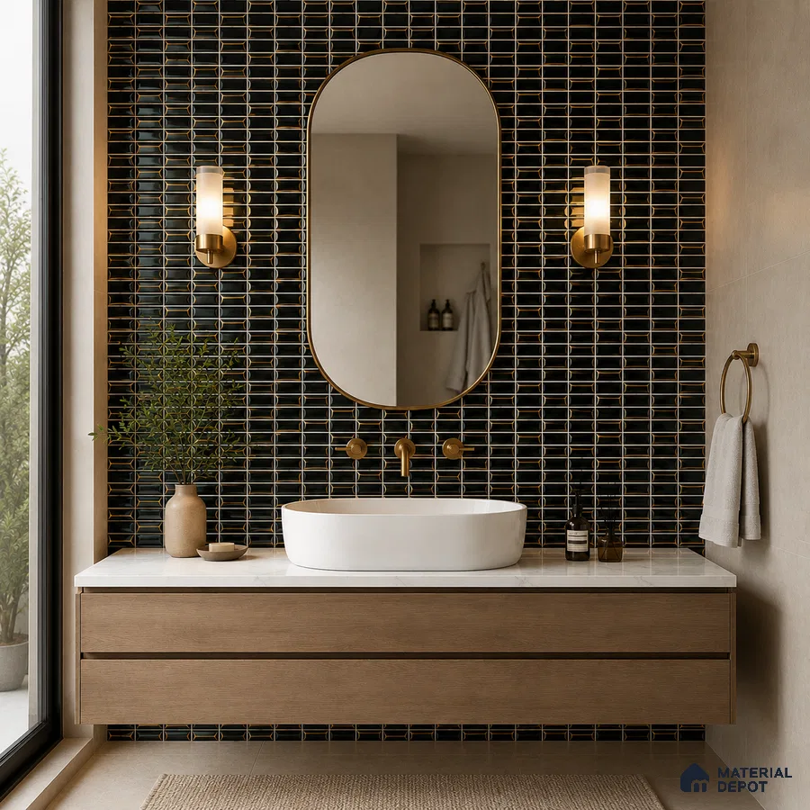 Art Deco Bathroom with Black and Gold Mosaic Tile and Floating Wood Vanity