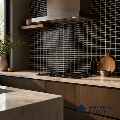 Modern Kitchen with Black and Gold Mosaic Backsplash Tile