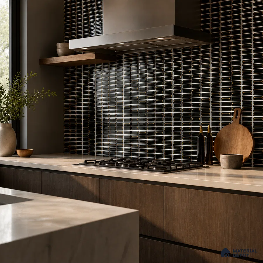 Modern Kitchen with Black and Gold Mosaic Backsplash Tile