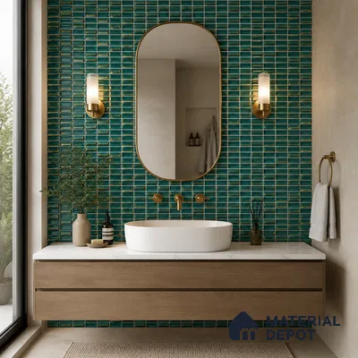 Art Deco Bathroom with Teal and Gold Mosaic Tile and Floating Wood Vanity