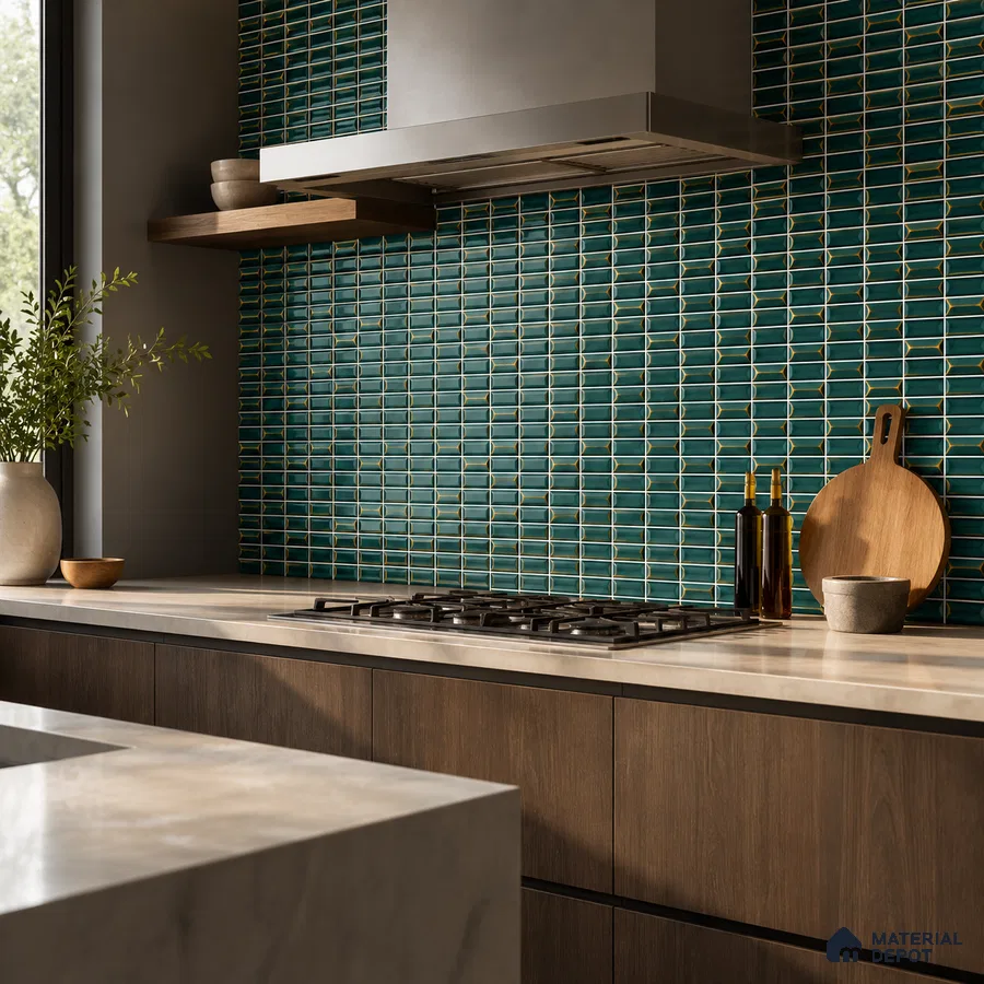 Modern Kitchen with Teal and Gold Mosaic Backsplash Tile
