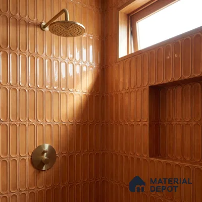 Mediterranean Bathroom with Terracotta Glossy Capsule Tile and Brass Fixtures