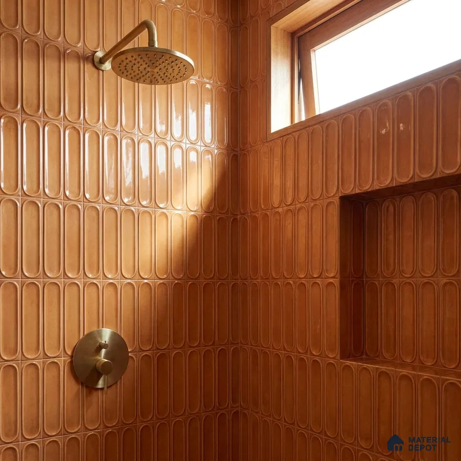 Mediterranean Bathroom with Terracotta Glossy Capsule Tile and Brass Fixtures