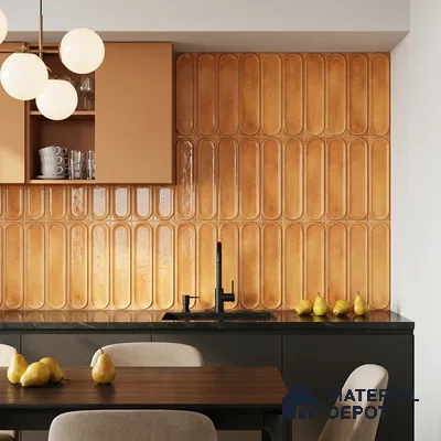 Mid-century Modern Kitchen with Amber Glossy Capsule Backsplash Tile