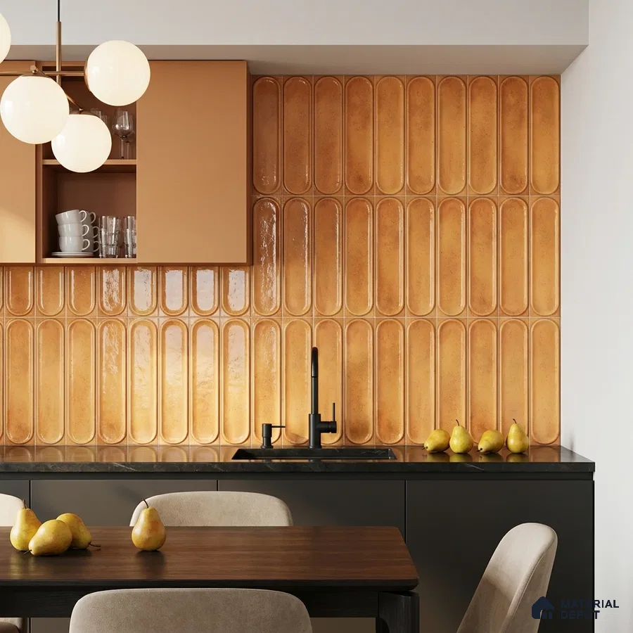 Mid-century Modern Kitchen with Amber Glossy Capsule Backsplash Tile