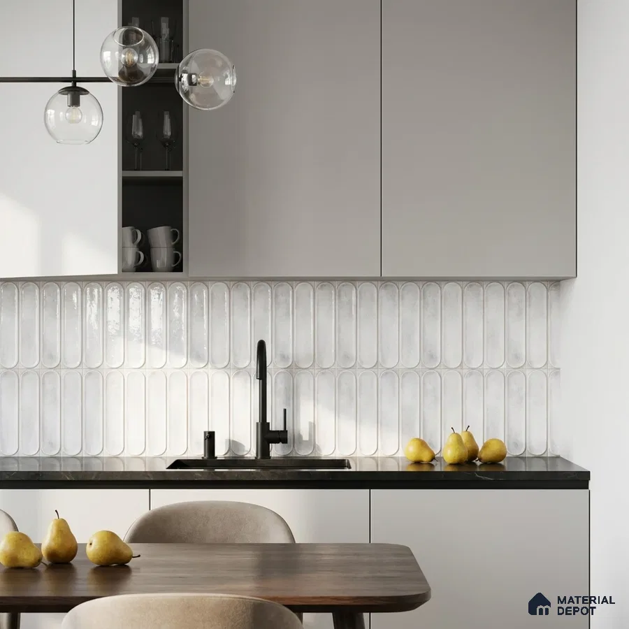 Modern Kitchen with Pearl White Glossy Capsule Backsplash Tile