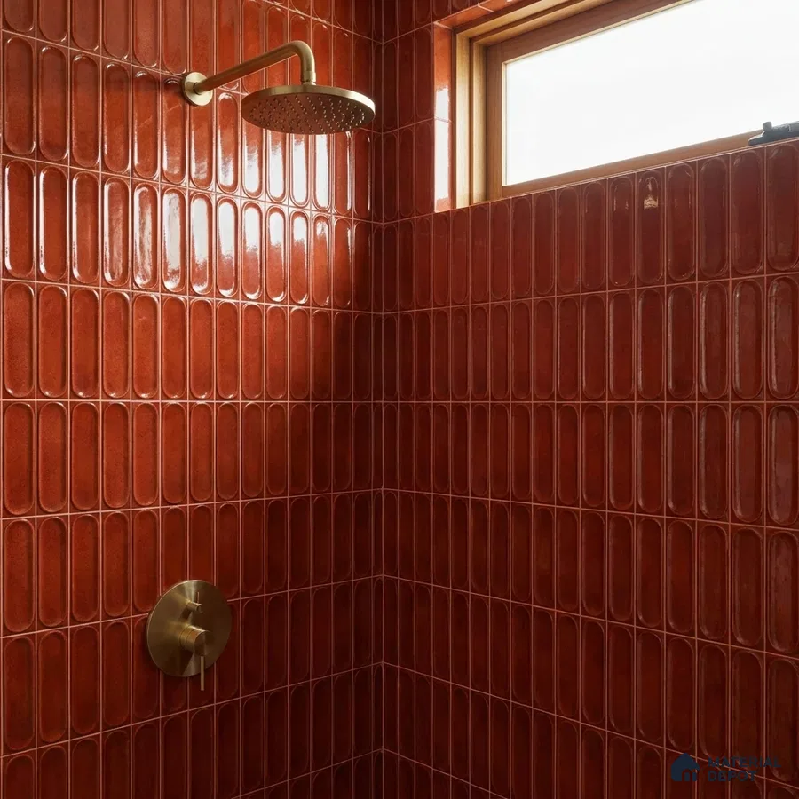 Mediterranean Bathroom with Oxblood Red Glossy Capsule Tile and Brass Fixtures