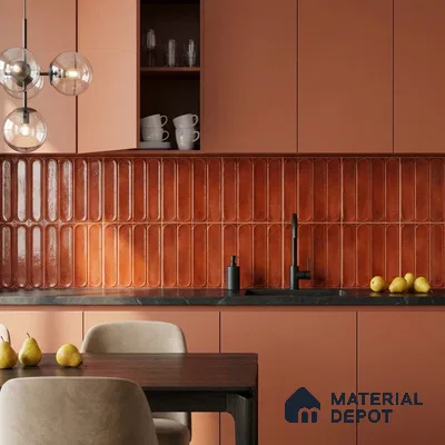 Modern Kitchen with Glossy Terracotta Fluted Backsplash Tile and Rust Cabinets