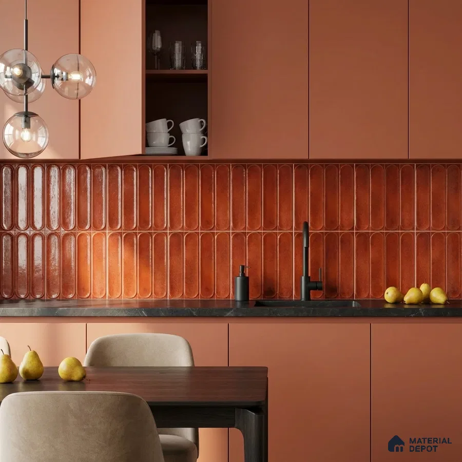 Modern Kitchen with Glossy Terracotta Fluted Backsplash Tile and Rust Cabinets