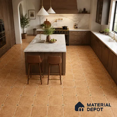 Mediterranean Kitchen with Terracotta Brown Porcelain Floor Tile and Walnut Cabinets