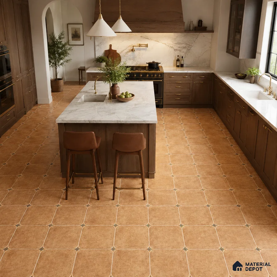 Mediterranean Kitchen with Terracotta Brown Porcelain Floor Tile and Walnut Cabinets