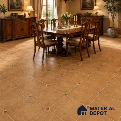Traditional Dining Room with Terracotta Brown Porcelain Floor Tile