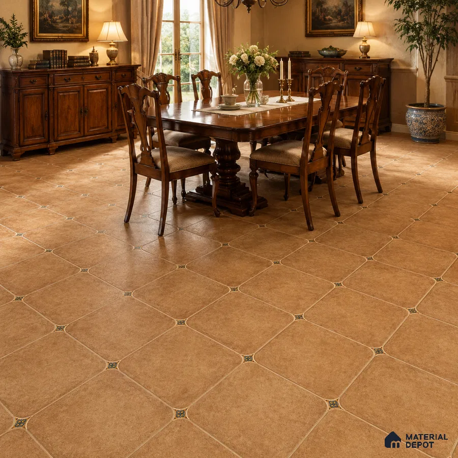Traditional Dining Room with Terracotta Brown Porcelain Floor Tile