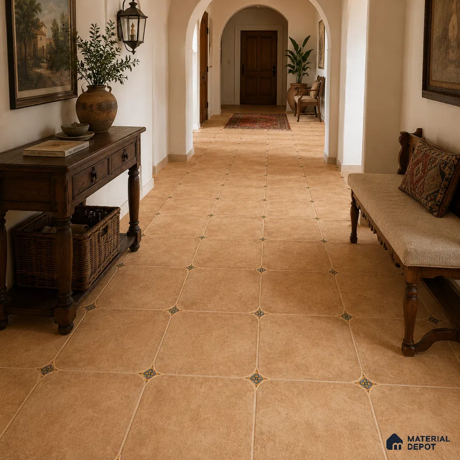 Mediterranean Foyer with Terracotta Brown Porcelain Floor Tile