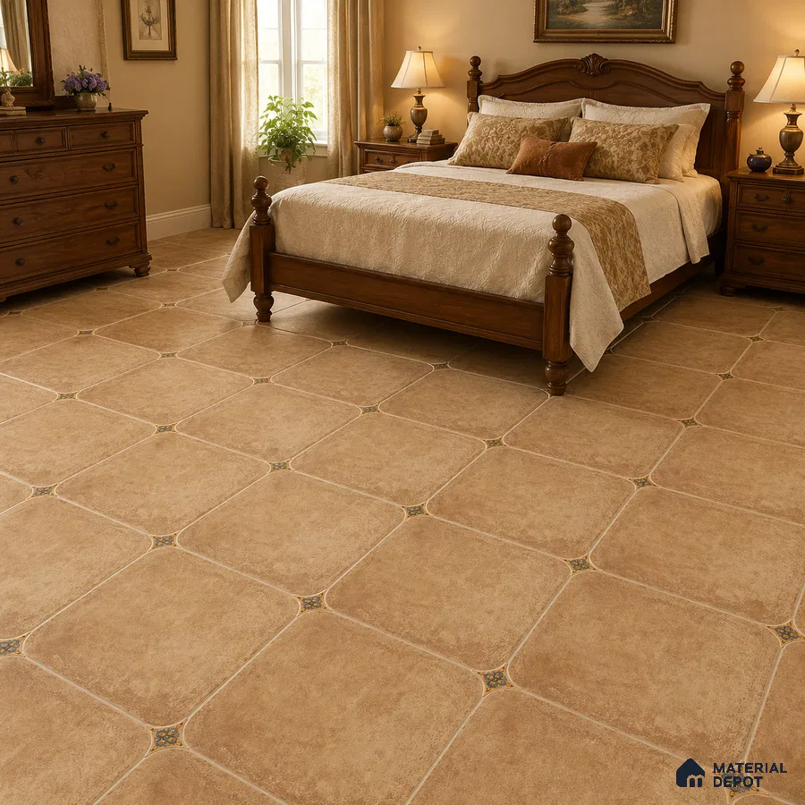 Traditional Bedroom with Terracotta Brown Porcelain Floor Tile