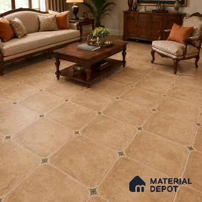 Traditional Living Room with Terracotta Brown Porcelain Floor Tile