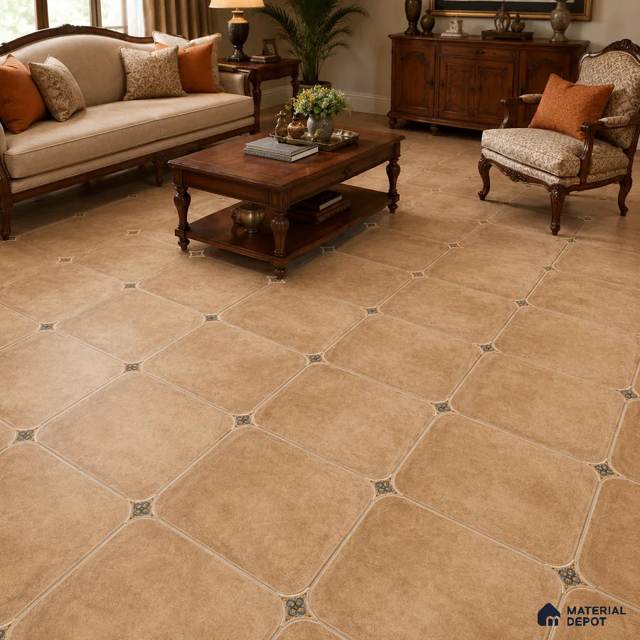 Traditional Living Room with Terracotta Brown Porcelain Floor Tile
