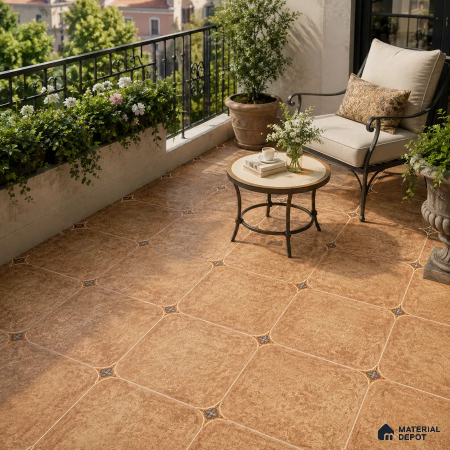 Mediterranean Balcony with Terracotta Brown Porcelain Floor Tile