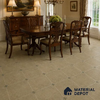 Traditional Dining Room with Warm Beige Porcelain Floor Tile