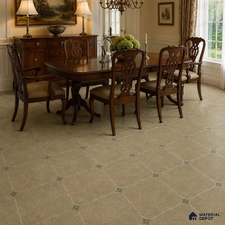 Traditional Dining Room with Warm Beige Porcelain Floor Tile