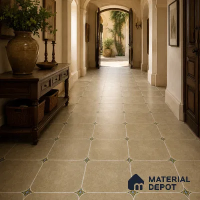 Mediterranean Foyer with Warm Beige Porcelain Floor Tile