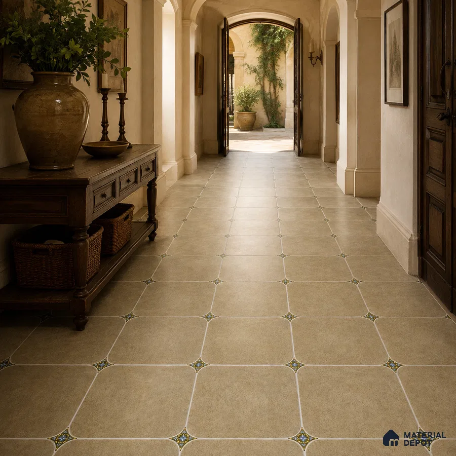 Mediterranean Foyer with Warm Beige Porcelain Floor Tile