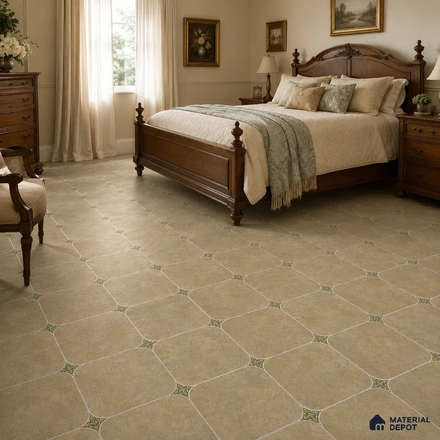 Traditional Bedroom with Warm Beige Porcelain Floor Tile