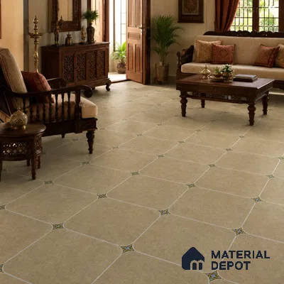 Traditional Living Room with Warm Beige Porcelain Floor Tile