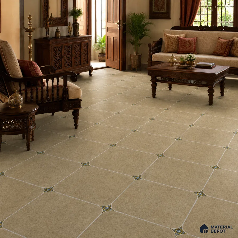 Traditional Living Room with Warm Beige Porcelain Floor Tile