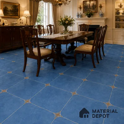 Traditional Dining Room with Cobalt Blue Porcelain Floor Tile
