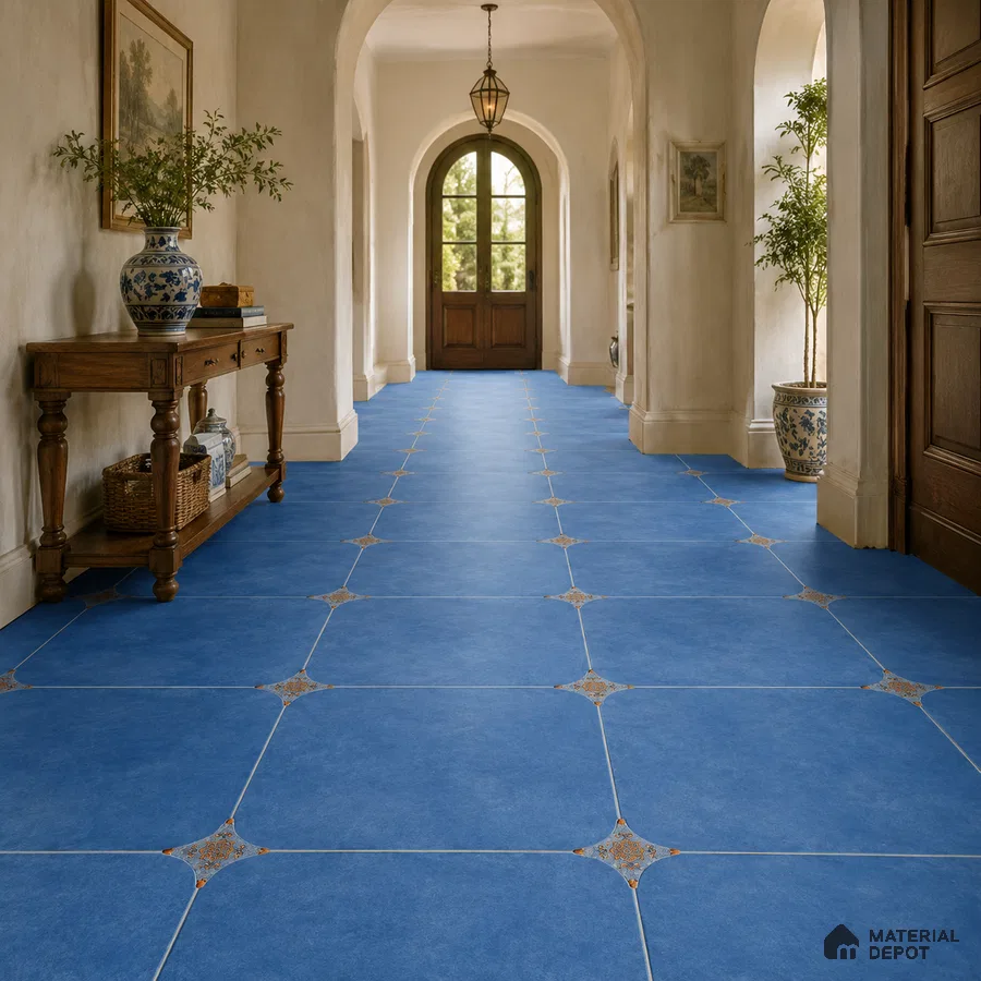 Mediterranean Foyer with Cobalt Blue Porcelain Floor Tile