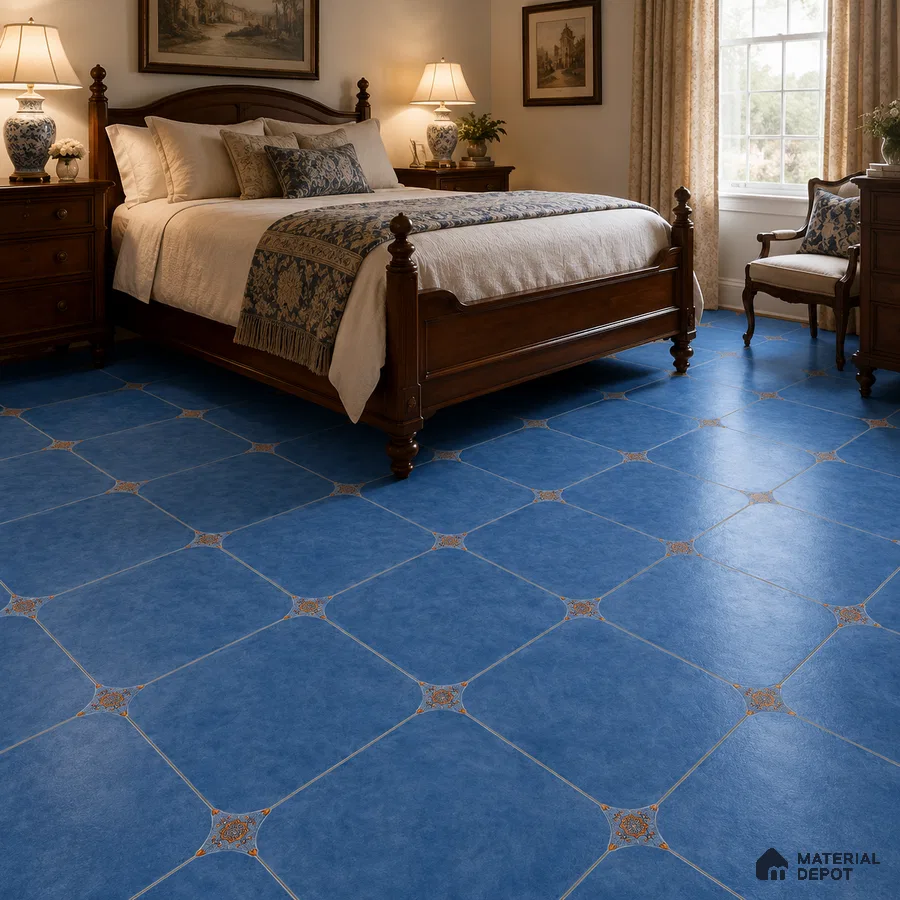 Traditional Bedroom with Cobalt Blue Porcelain Floor Tile