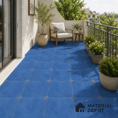 Mediterranean Balcony with Cobalt Blue Porcelain Floor Tile