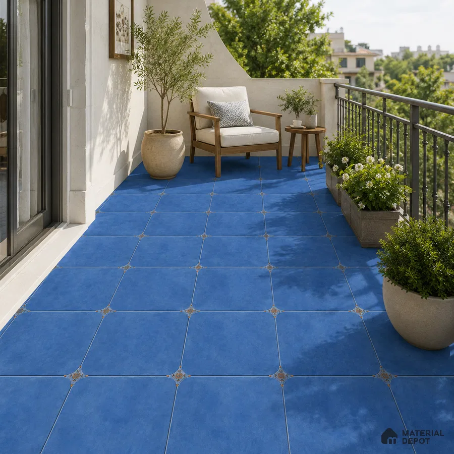 Mediterranean Balcony with Cobalt Blue Porcelain Floor Tile