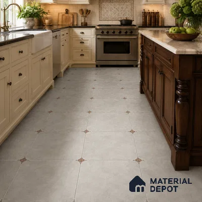 Traditional Kitchen with Warm Grey Porcelain Floor Tile and Cream Cabinets