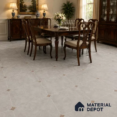 Traditional Dining Room with Warm Grey Porcelain Floor Tile