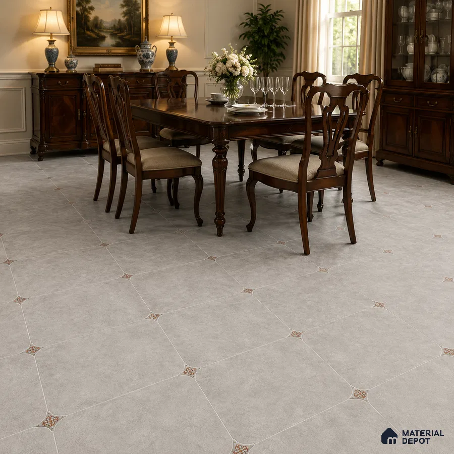 Traditional Dining Room with Warm Grey Porcelain Floor Tile
