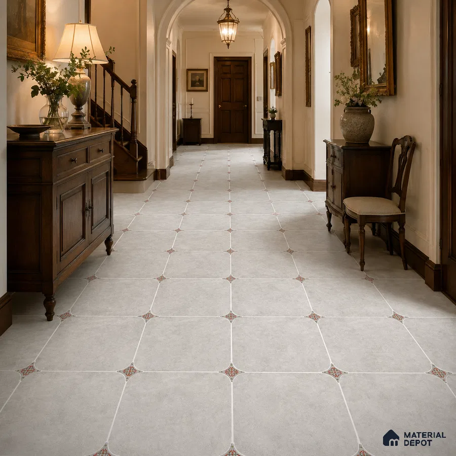 Traditional Foyer with Warm Grey Porcelain Floor Tile