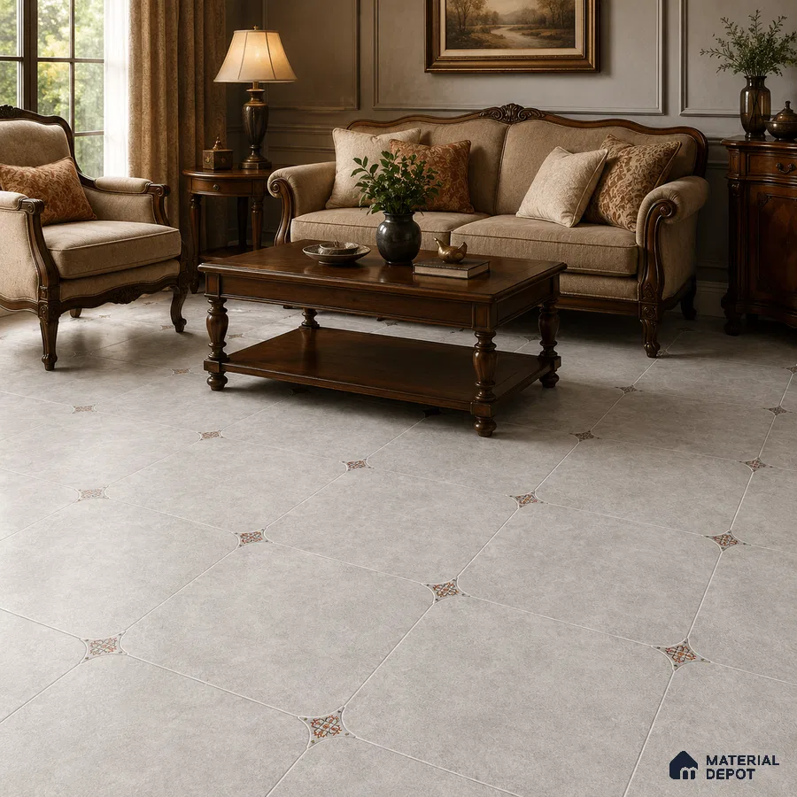 Traditional Living Room with Grey Matte Porcelain Floor Tile