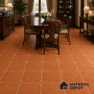 Mediterranean Dining Room with Terracotta Brown Porcelain Floor Tile