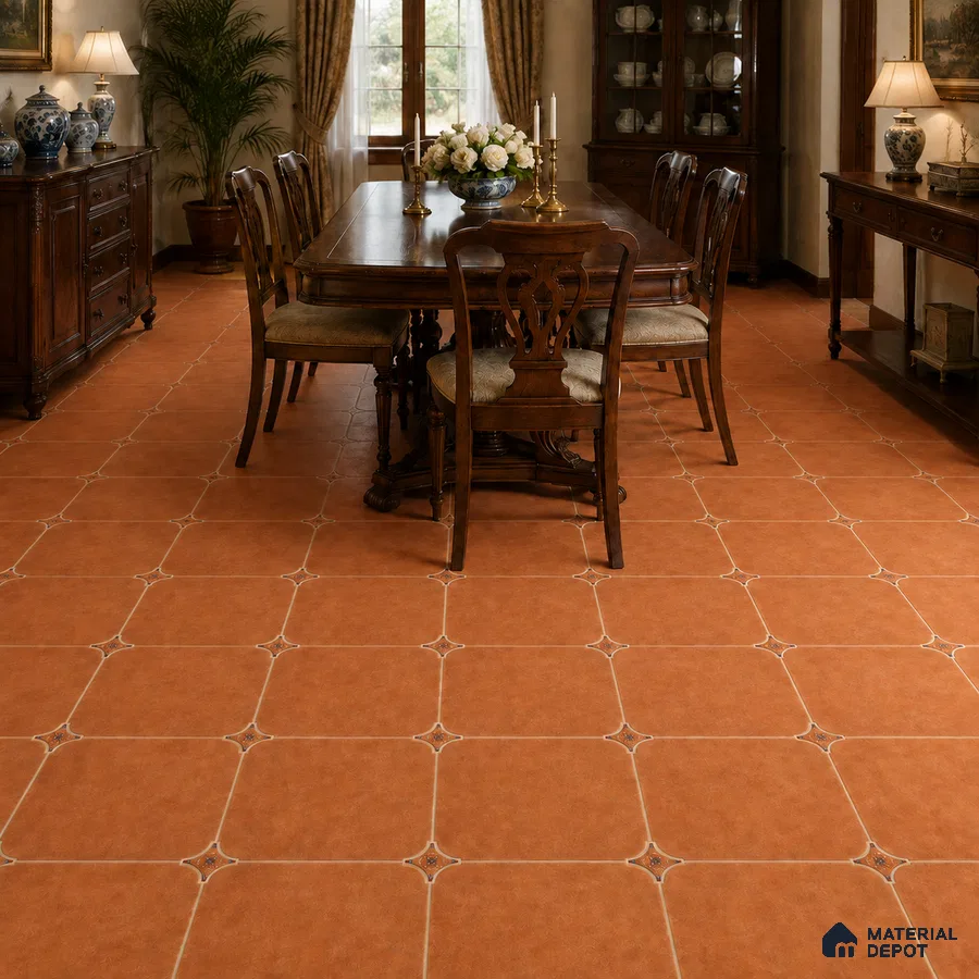 Mediterranean Dining Room with Terracotta Brown Porcelain Floor Tile