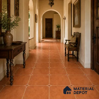 Mediterranean Foyer with Terracotta Brown Porcelain Floor Tile