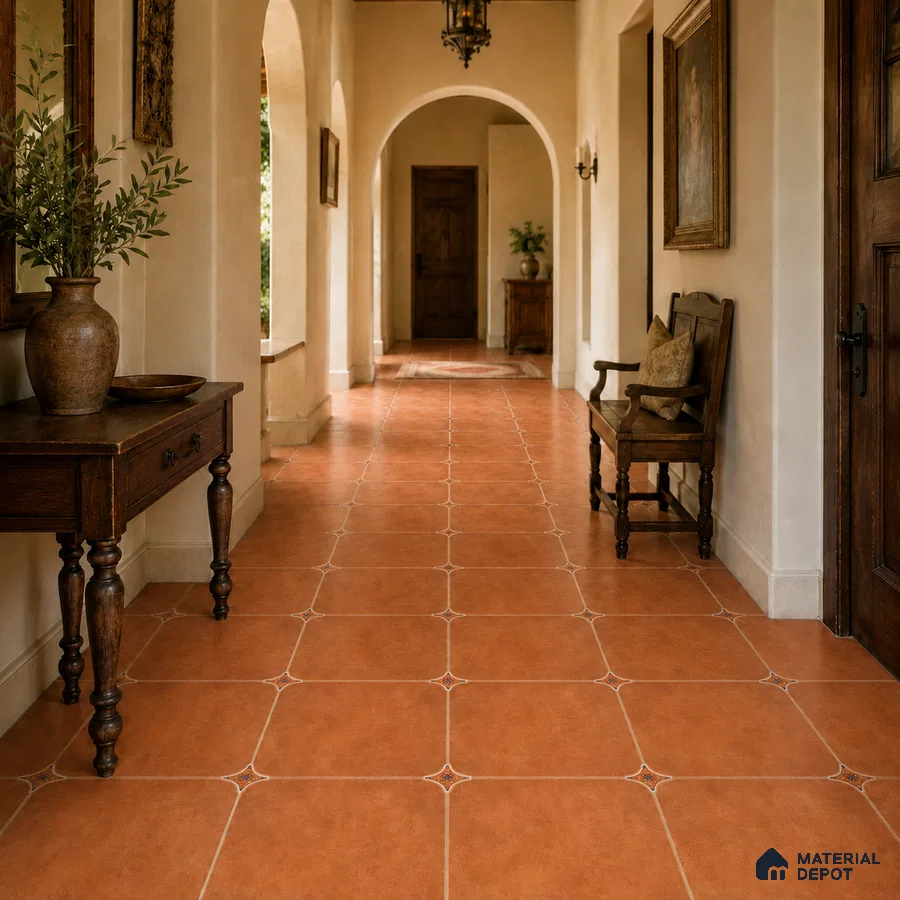 Mediterranean Foyer with Terracotta Brown Porcelain Floor Tile