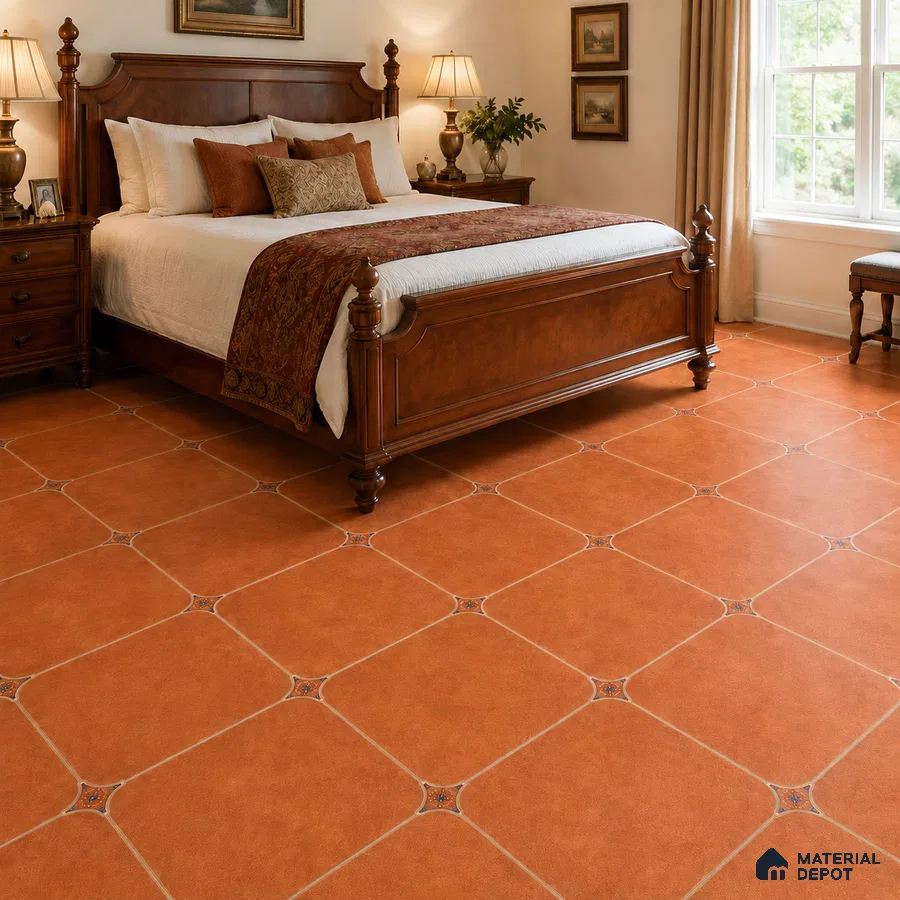 Mediterranean Bedroom with Terracotta Brown Porcelain Floor Tile