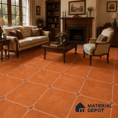 Mediterranean Living Room with Terracotta Brown Porcelain Floor Tile