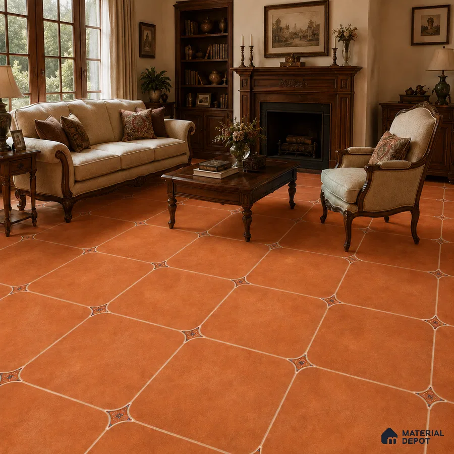 Mediterranean Living Room with Terracotta Brown Porcelain Floor Tile