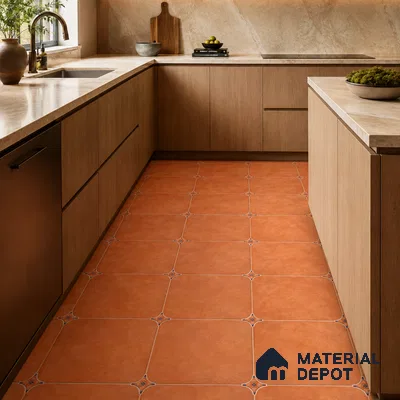 Modern Kitchen with Terracotta Brown Porcelain Floor Tile and Oak Cabinets