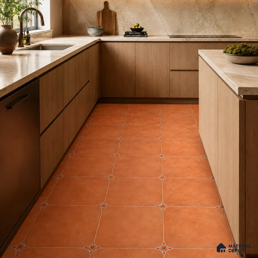Modern Kitchen with Terracotta Brown Porcelain Floor Tile and Oak Cabinets
